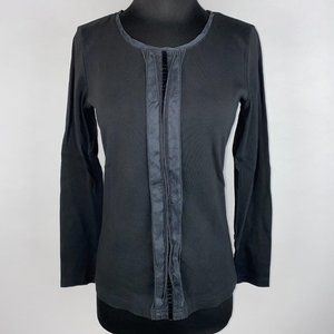 Bogner Womens EU 38 / US 8/M Black Satin Velvet Accented Long Sleeve Top Cotton